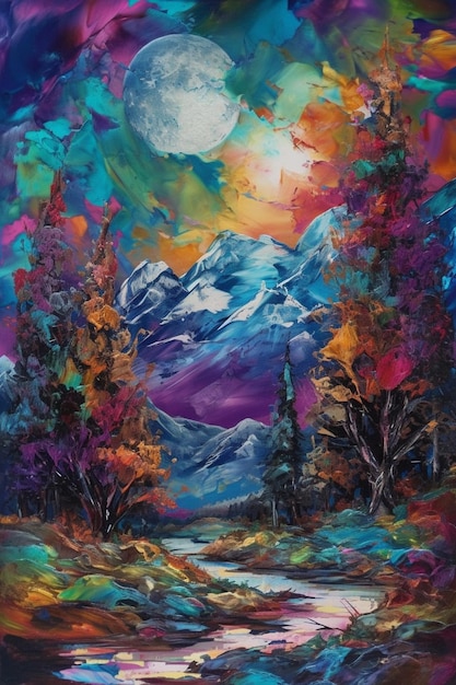 A painting of a forest with mountains and a moon in the background.