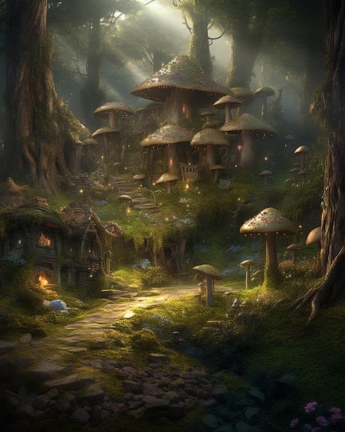 A painting of a forest with a mushroom house in the middle.