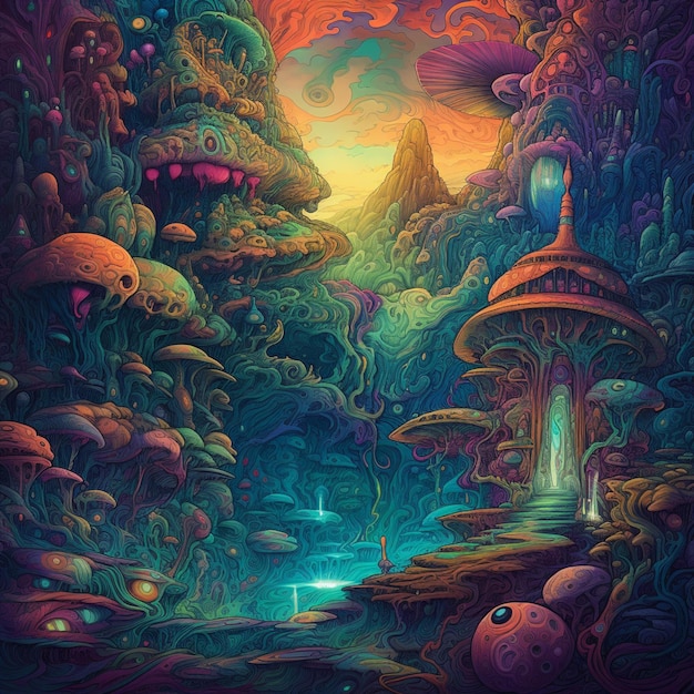 A painting of a forest with a mushroom and a mountain in the background.