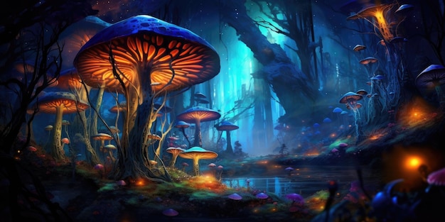 A painting of a forest with mushrooms and fireflies