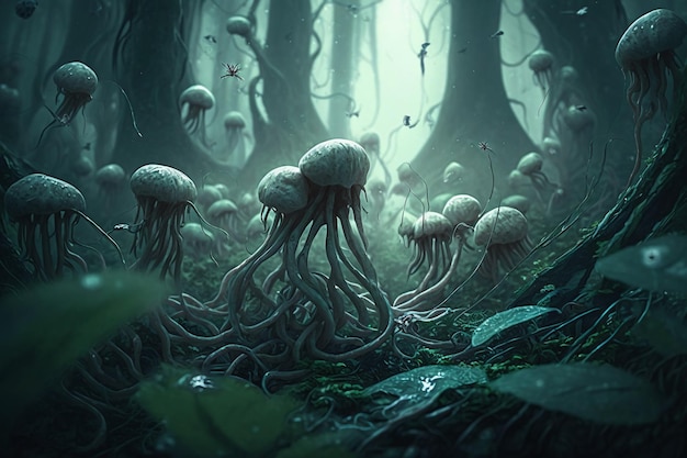 Картина леса с грибами и листьями