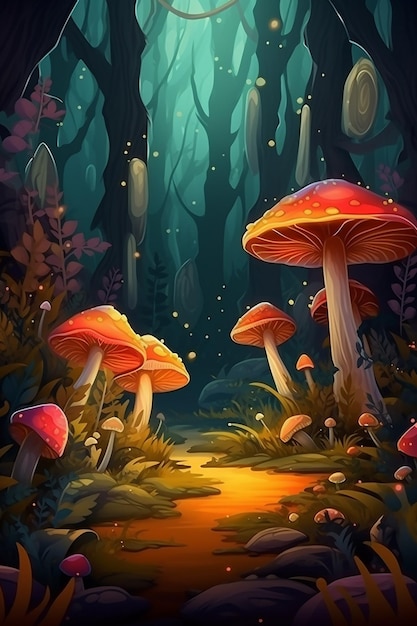 A painting of a forest with mushrooms and a light in the background.