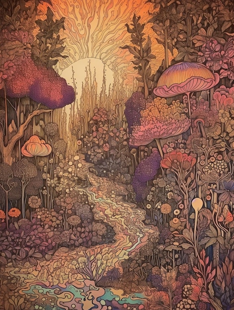 a painting of a forest with mushrooms and mushrooms.