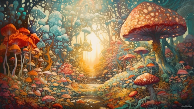 A painting of a forest with mushrooms and a sunbeam.
