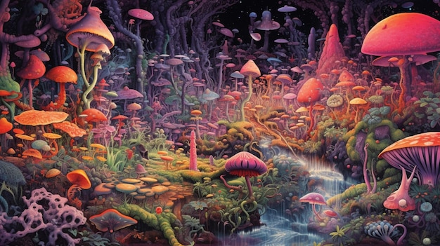 A painting of a forest with mushrooms and a waterfall.