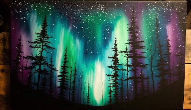 A painting of a forest with the northern lights above it.