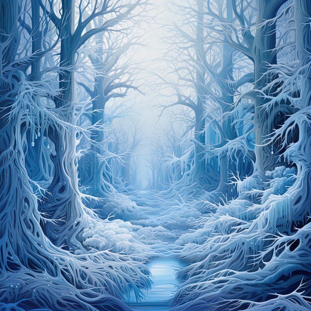 Photo a painting of a forest with a path leading to a frozen lake