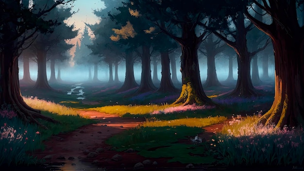 A painting of a forest with a path leading to a stream.