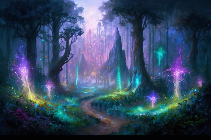 Photo a painting of a forest with a path and lots of trees generative ai