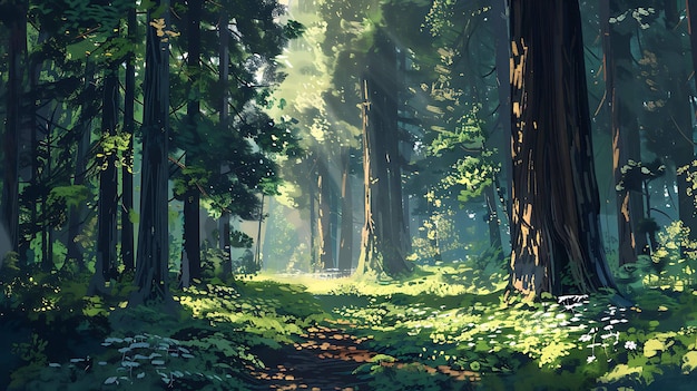a painting of a forest with a path in the middle