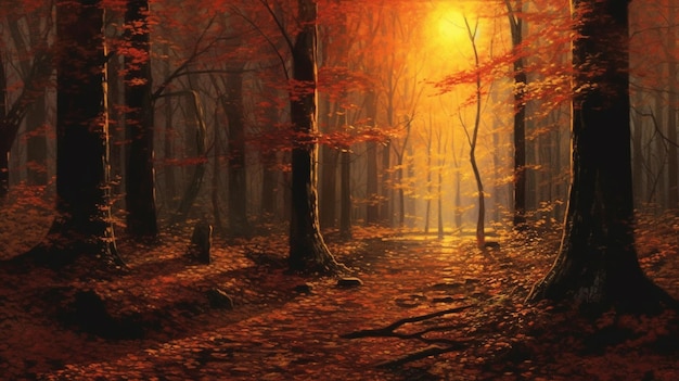 A painting of a forest with a path that has red leaves on it.