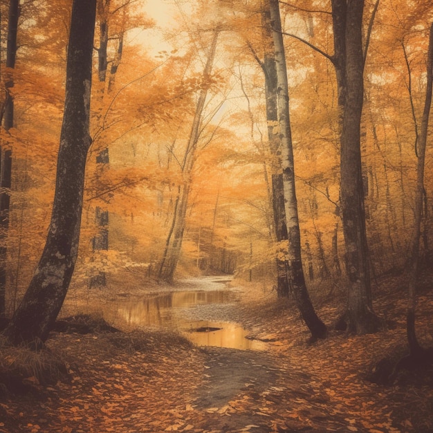 秋という文字が書かれた小道のある森の絵。