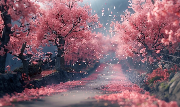 a painting of a forest with pink flowers on it