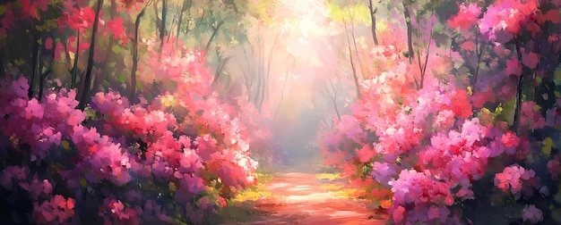 花が咲く春の風景と日の出のカラフルなイラスト | Premium AI