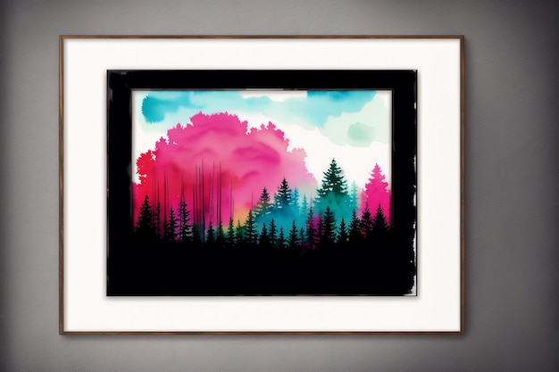 A painting of a forest with a pink sky and a forest in the background.