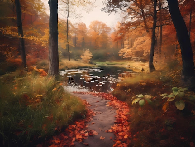 A painting of a forest with a pond and leaves on the ground