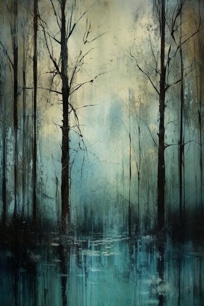 Photo painting of a forest with a pond and trees in the background generative ai