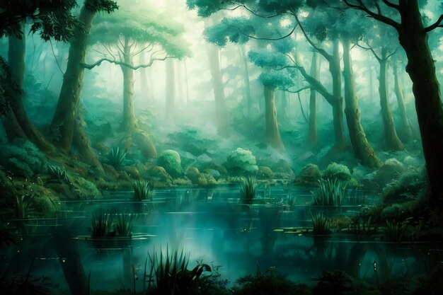A painting of a forest with a pond and trees in the background
