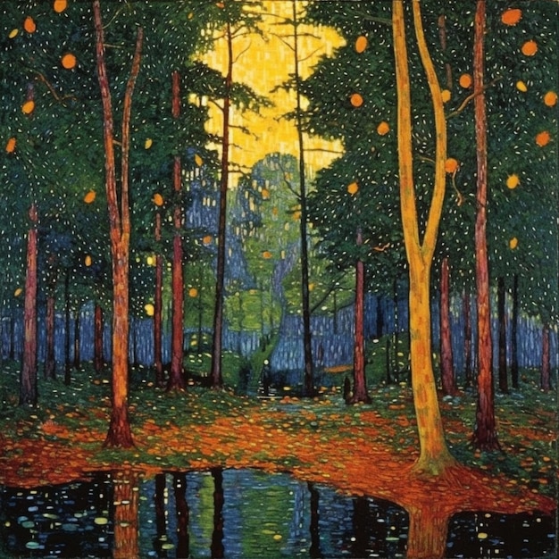 a painting of a forest with a pond and trees generative ai