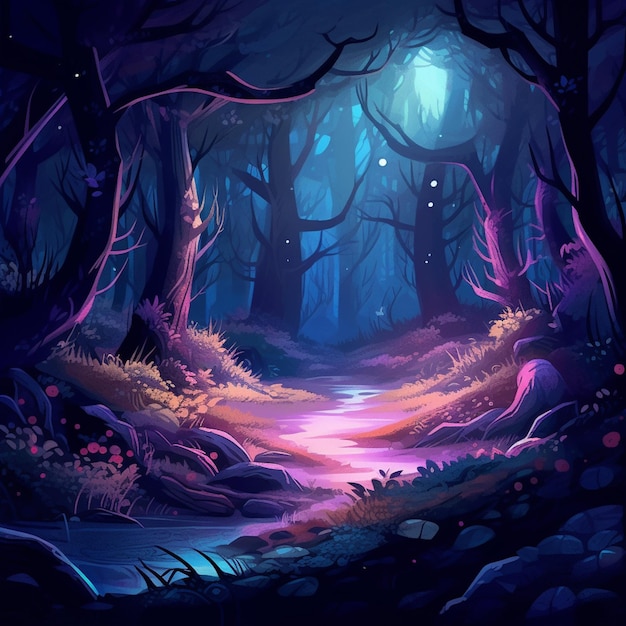 A painting of a forest with a purple path and a river