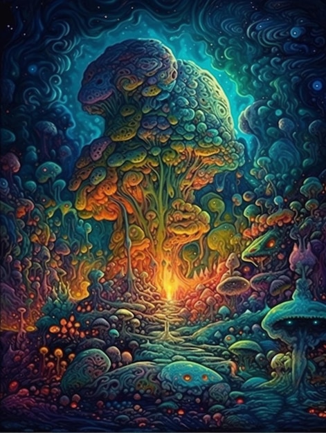 A painting of a forest with a rainbow and a mushroom on it.