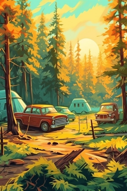 A painting of a forest with a red car in the foreground and a forest with trees and a sun in the background