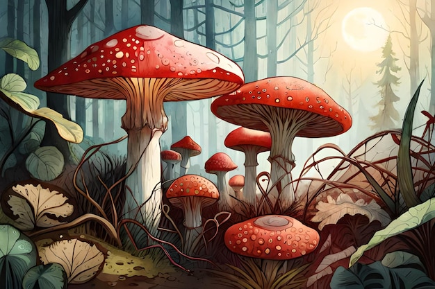 A painting of a forest with a red mushroom and the moon in the background.