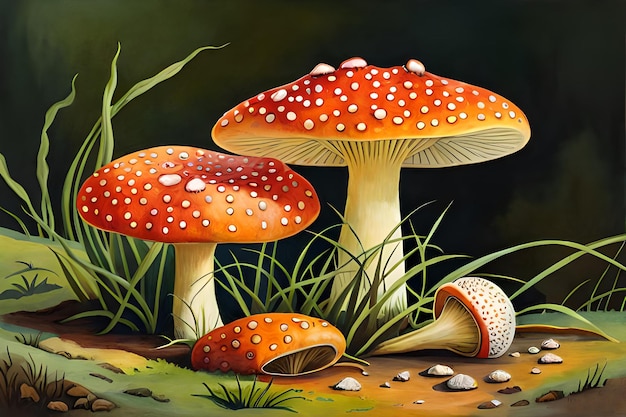 A painting of a forest with a red mushroom