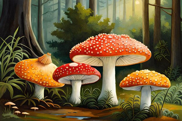 A painting of a forest with a red mushroom