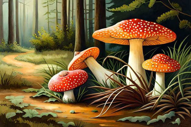 A painting of a forest with a red mushroom