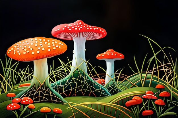 A painting of a forest with a red mushroom