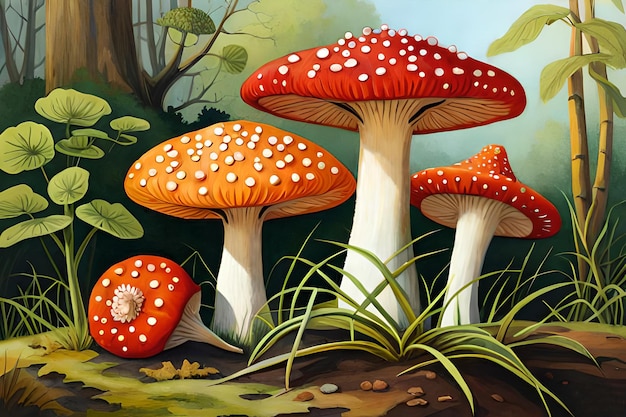 A painting of a forest with a red mushroom