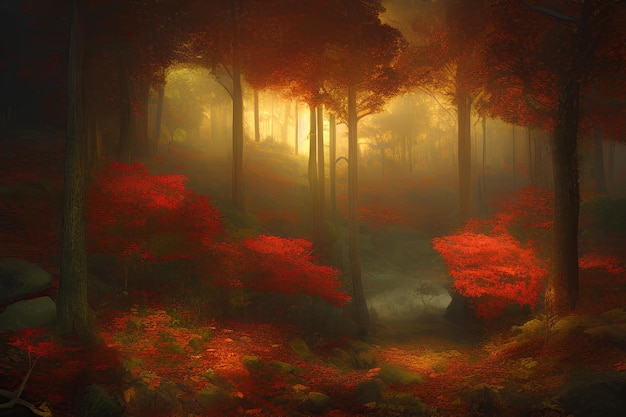 A painting of a forest with red trees and a stream in the background.