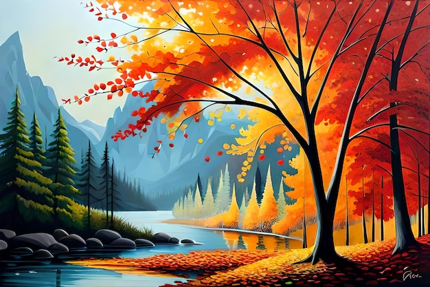 A painting of a forest with a river and trees in the foreground.