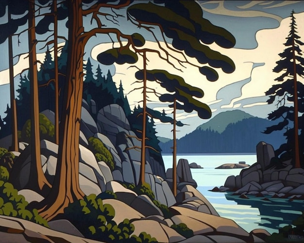 A painting of a forest with rocks and trees on the shore.