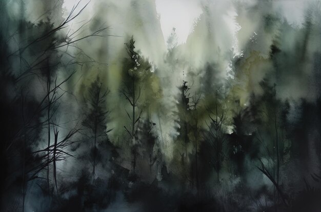 a painting of a forest with snow on the branches.