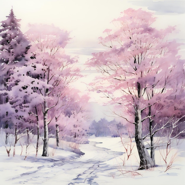 a painting of a forest with snow on the ground and trees in the background.