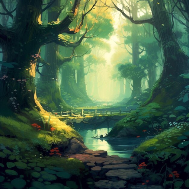 painting of a forest with a stream and a bridge generative ai