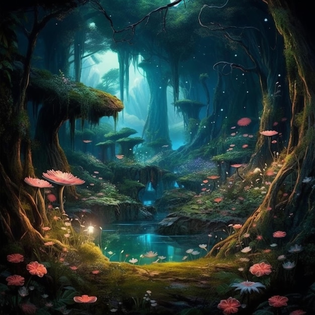 a painting of a forest with a stream and flowers generative ai