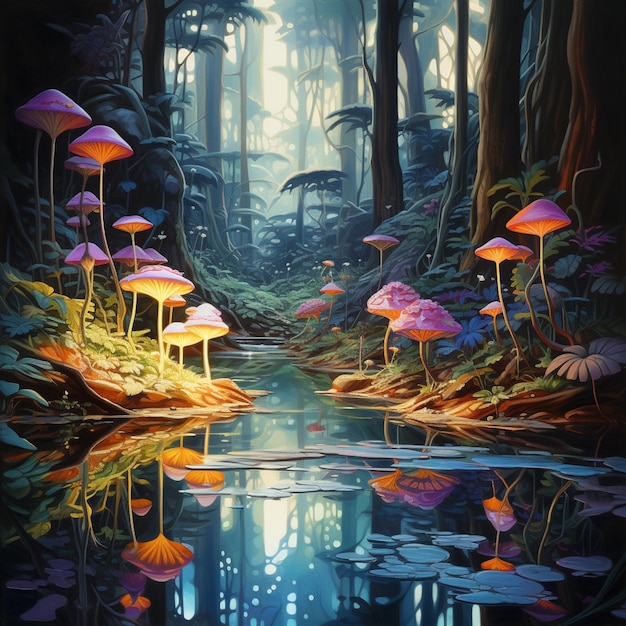 시냇물과 많은 버섯 생성 AI가 있는 숲의 그림