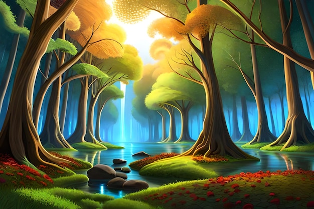 A painting of a forest with a stream in the middle