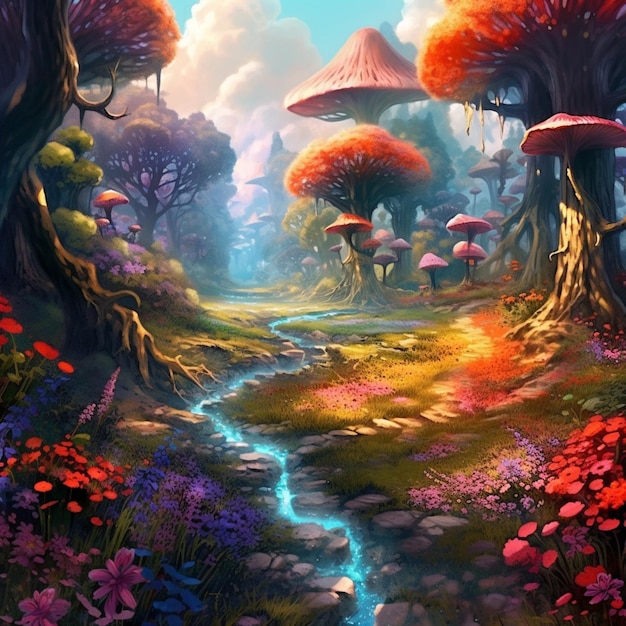 川が流れる森とキノコが生える森を描いた絵。