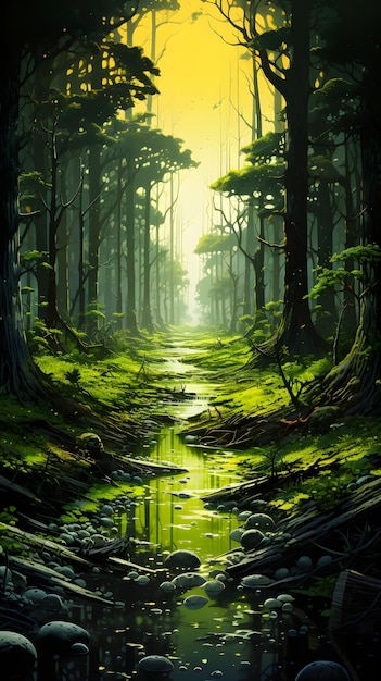 a painting of a forest with a stream running through it InkDrawing painting of a Swamp