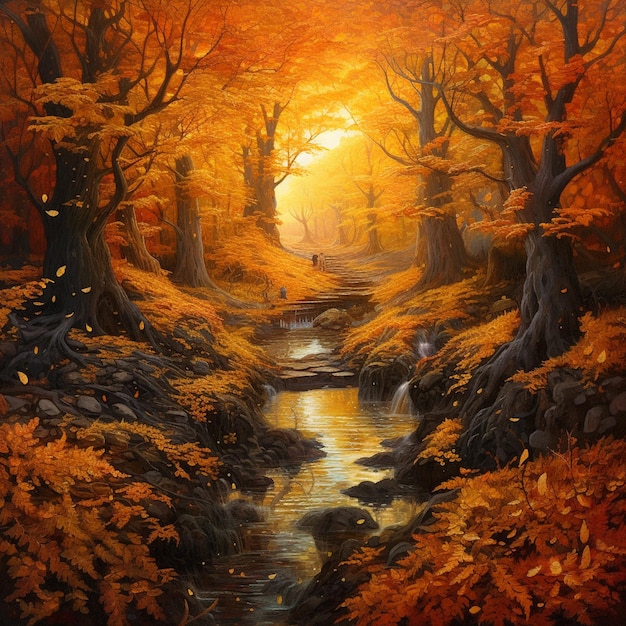 A painting of a forest with a stream running through it