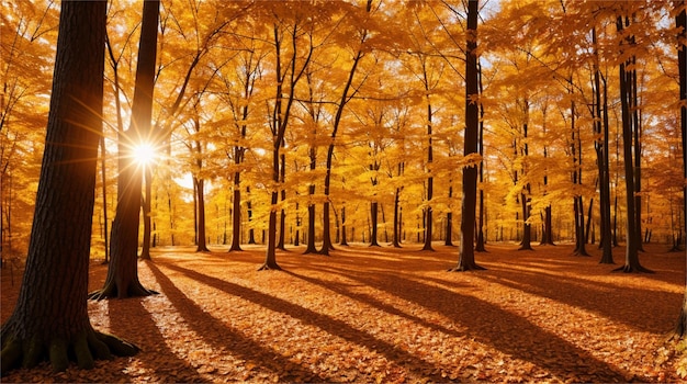 A painting of a forest with the sun shining through the leaves