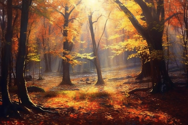 A painting of a forest with the sun shining through the leaves