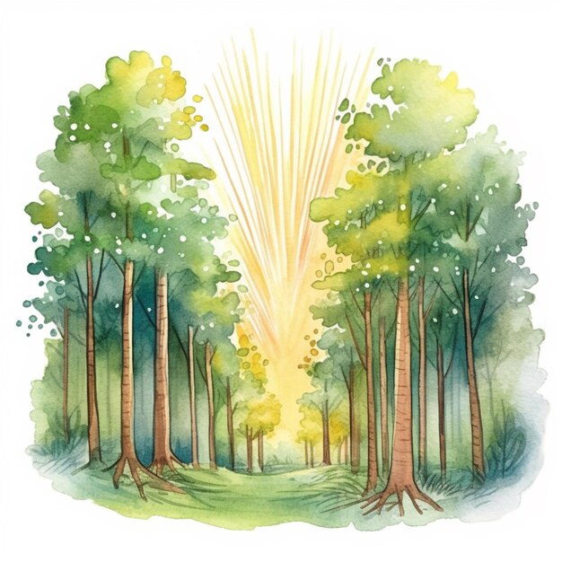 A painting of a forest with a sun shining through the trees generative ai