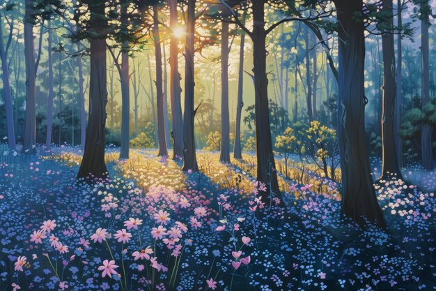A painting of a forest with a sun shining through the trees