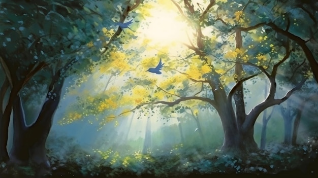 Photo a painting of a forest with a sun shining through the trees.