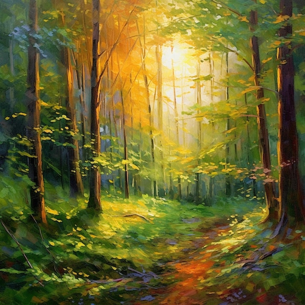 A painting of a forest with the sun shining through the trees